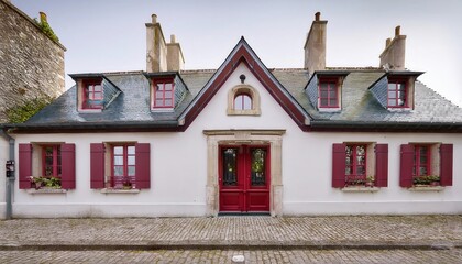 Charming French style two-level building with a burgundy red door and window shutters