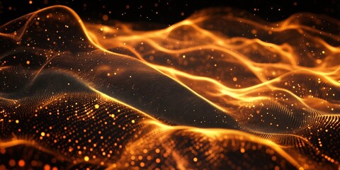 Poster - abstract golden wave patterns with glowing particles in dark background