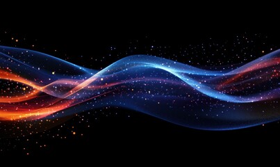Poster - colorful abstract wave patterns with glowing particles on black background