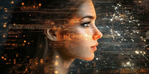 Poster - Digital portrait of a woman with data visualization and abstract technology background