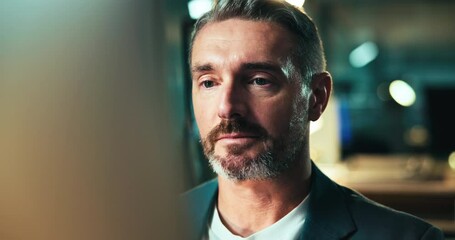 Fototapete - Serious, night and mature man with computer, programming and testing of software for bugs or online. Overtime, programmer and person with reflection on glasses, coding or update for new features