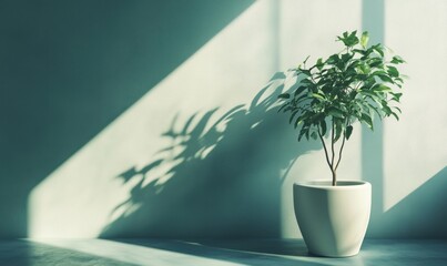 Canvas Print - Indoor plant casting shadows in bright sunlight with minimalist decor