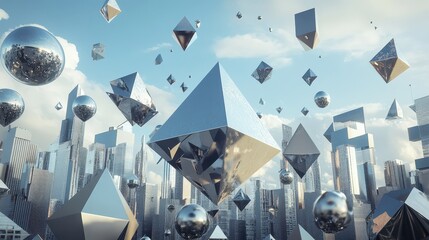 Poster - A futuristic cityscape with buildings shaped like pyramids, cubes, and spheres, forming an urban environment that combines geometric shapes and modern architecture