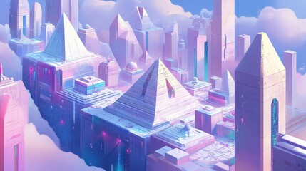 Poster - A futuristic cityscape with buildings shaped like pyramids, cubes, and spheres, forming an urban environment that combines geometric shapes and modern architecture