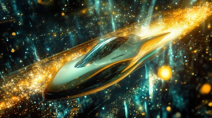 Poster - a futuristic digital art piece depicting a sleek spaceship flying through a glowing nebula, with sta