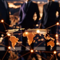 Poster - A digital world map glows with connections, symbolizing global business and networking, with three business figures in suits blurred in the background.