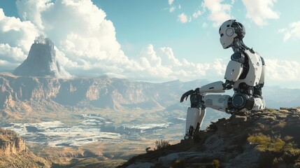 Poster - A futuristic digital art piece showing a robot and human sharing a peaceful moment in a sci-fi landscape, exploring the connection between artificial intelligence and humanity