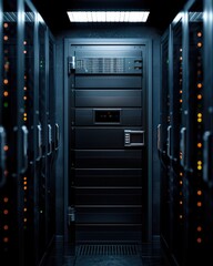 Poster - A dark corridor lined with server racks leads to a secure door, creating a high-tech, mysterious atmosphere.