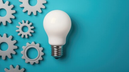 Poster - A light bulb surrounded by gray gears on a turquoise background, symbolizing innovation and problem-solving concepts.