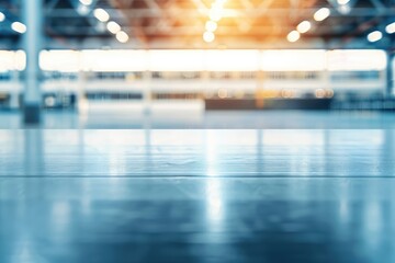 Poster - A blurred, expansive interior space with polished flooring and warm light illuminating the background, suggesting a spacious, modern environment.