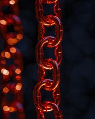 Poster - A close-up of a glowing red chain against a dark background, featuring bokeh lights that create a vibrant and captivating atmosphere.