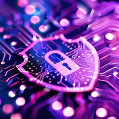 Poster - A close-up of a digital shield symbolizing cybersecurity, featuring a padlock against a vibrant, circuit-like background.