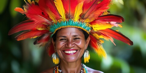 Indigenous woman wearing vibrant feather headdress and traditional jewelry, smiling joyfully