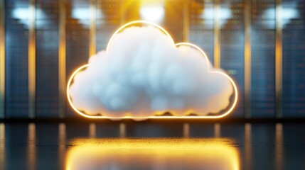 Poster - A glowing cloud icon is displayed in a modern, illuminated environment, symbolizing technology and digital storage.