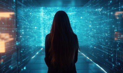 Poster - Woman standing in futuristic corridor with glowing digital data streams