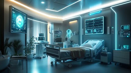 Poster - A futuristic hospital room where AI-driven systems monitor a patient's health, offering real-time diagnostics and treatment recommendations with advanced technology
