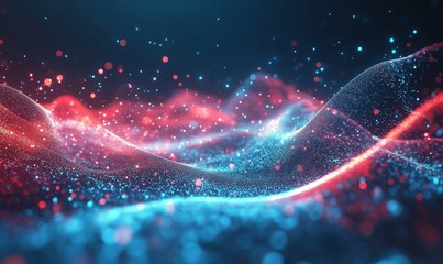 Poster - Abstract digital waves with glowing particles in red and blue colors