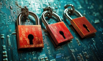 Fototapete - Digital security concept with three rusty padlocks on circuit board background