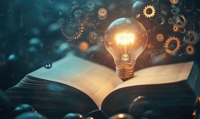 Poster - Illuminated light bulb above open book with gears symbolizing knowledge and innovation