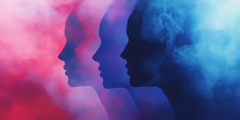 Poster - Silhouettes of three female profiles in colorful smoke background