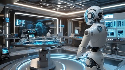 Poster - A futuristic innovation lab where scientists and engineers use advanced robotics and AI to create the next generation of autonomous machines.