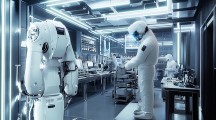 Poster - A futuristic innovation lab where scientists and engineers use advanced robotics and AI to create the next generation of autonomous machines.