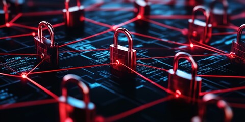Fototapete - Cybersecurity network with digital locks and red connections on dark background
