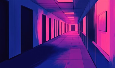 Poster - Vibrant corridor with pink and blue lighting creating a surreal atmosphere