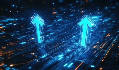 Poster - Digital upward arrows symbolizing growth and progress in technology and data analysis