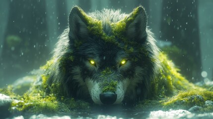  Mystical Moss-Covered Wolf with Glowing Eyes  
