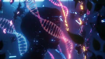 Poster - gene therapy, with dna sequences glowing on a digital screen.
