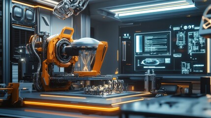 Poster - A futuristic scene with a 3D printer manufacturing parts for a spacecraft, showcasing advanced aerospace technology.