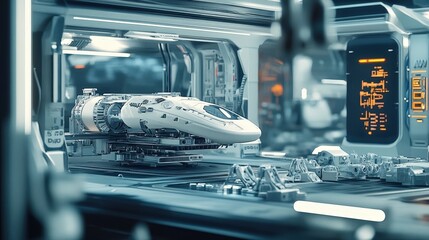 Poster - A futuristic scene with a 3D printer manufacturing parts for a spacecraft, showcasing advanced aerospace technology.