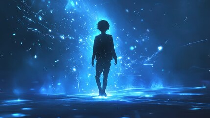 Poster - A futuristic scene with neon particles drifting in zero gravity, surrounded by faint light trails.