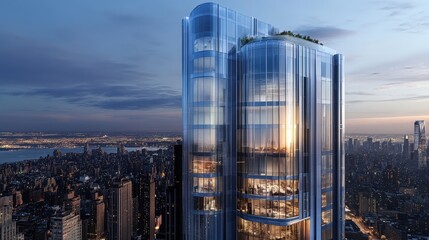 Poster - A futuristic skyscraper with cutting-edge design elements, featuring glass facades and metallic accents.