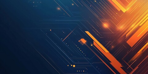 Poster - Abstract digital background with orange lines and glowing elements on blue
