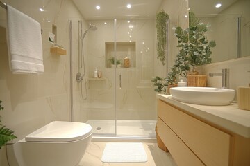 Poster - Modern bathroom design featuring a seamless shower and elegant touches of greenery for a relaxing atmosphere