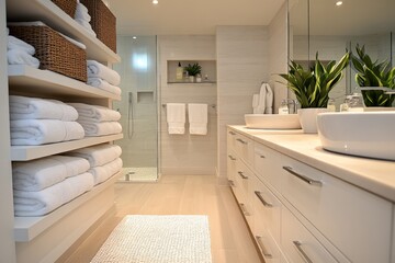 Poster - Elegant modern bathroom with neatly arranged towels and plants offering a serene atmosphere for relaxation and comfort