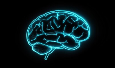 Poster - Neon blue glowing brain illustration with intricate neural patterns and details