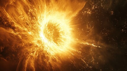 Poster - a futuristic visualization of protons involved in nuclear fusion within the core of a star