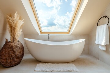 Aufkleber - Modern bathroom design with skylight and elegant tub in a serene and bright space