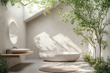 Aufkleber - Modern bathroom design with natural light and greenery creating a serene atmosphere for relaxation