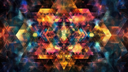 Poster - interconnected triangles and polygons, filled with vibrant hues and patterns, exploring the balance 