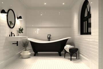 Elegant black and white bathroom design featuring a freestanding tub and modern fixtures in a bright, minimalist space