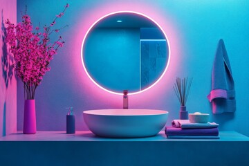 Aufkleber - Modern bathroom with vibrant lighting and minimalist decor featuring round mirror and pink flowers