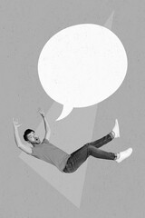 Poster - Photo collage artwork minimal picture of funny impressed guy falling speaking cloud empty space isolated drawing background