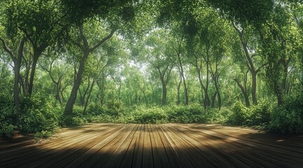 Wall Mural - Lush forest path, sunlit clearing, wooden deck, nature background, product display