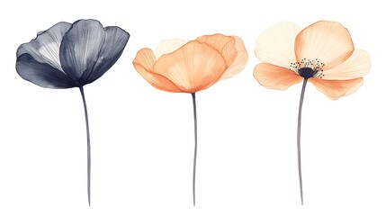 Wall Mural - Three translucent flowers in different colors on a white background for decoration use