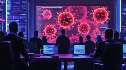 Poster - a government briefing on the outbreak, with officials discussing containment strategies and public h