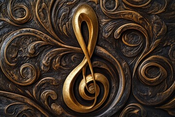 Poster - Intricate metalwork featuring a music note surrounded by ornate designs in rich tones